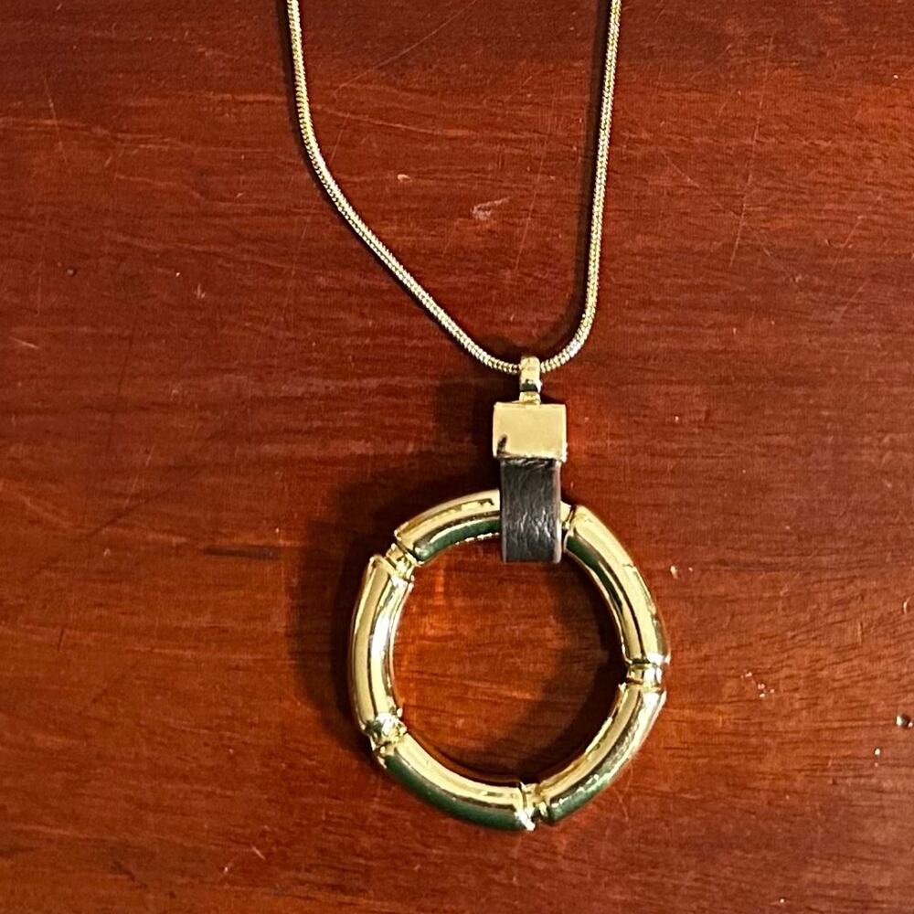 White House Black Market WHBM Circle Pendant Leather Necklace Gold Long Chain